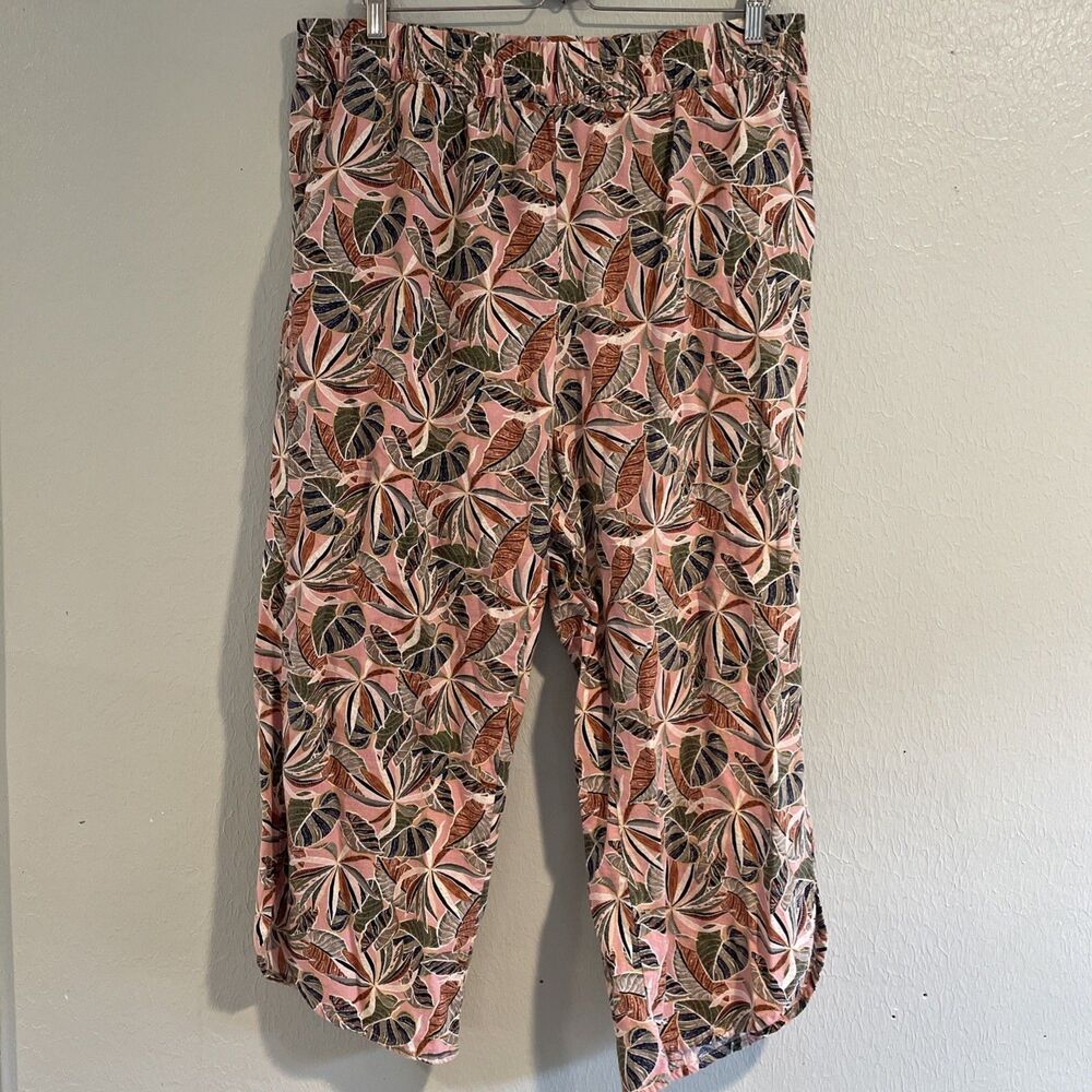 Linen Wide Leg Pants XL Palm Tropical‎ Beach Print Pink Pull On Elastic Pockets